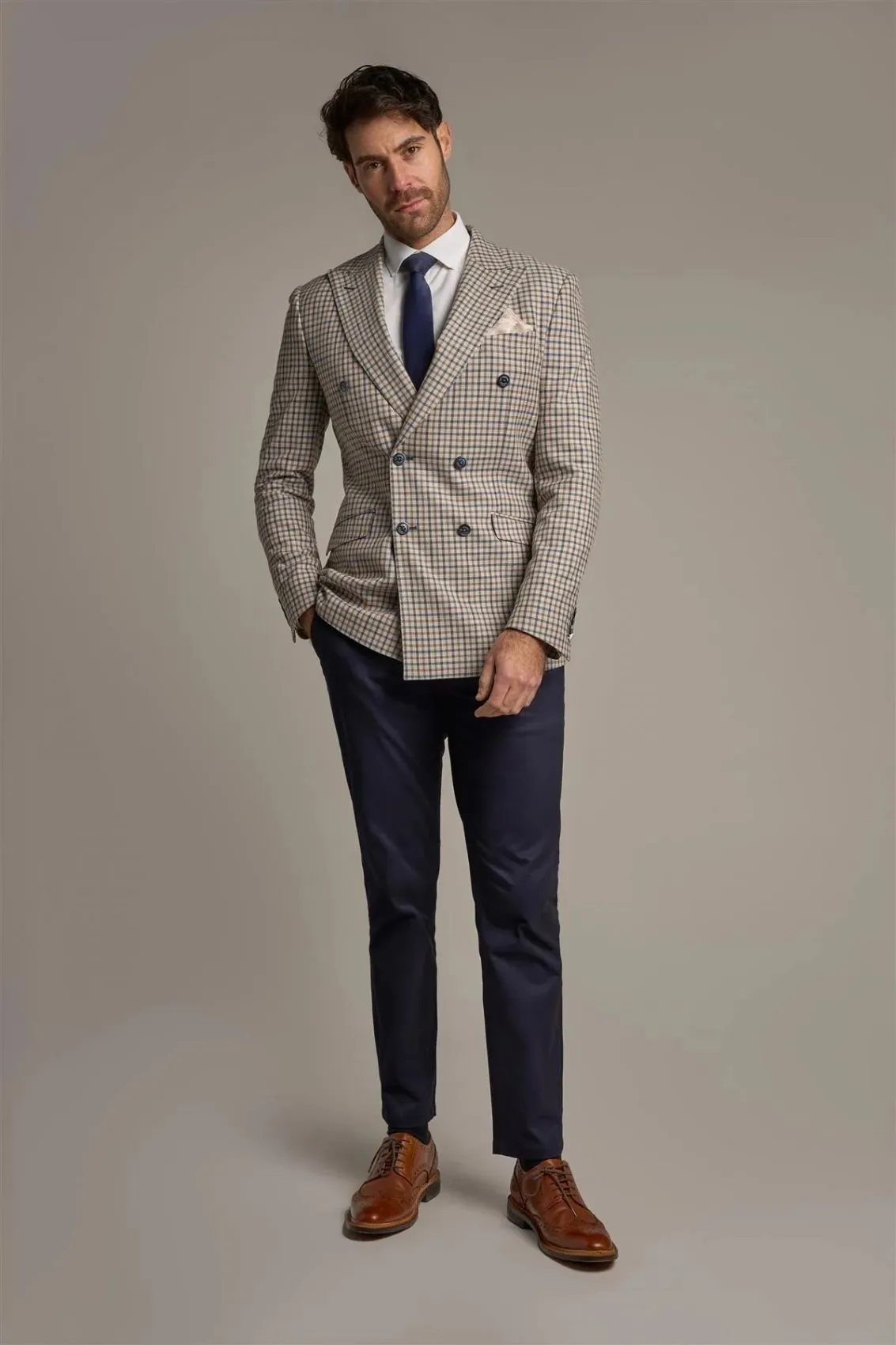 Beige checked jacket with slim fit double-breasted cavani