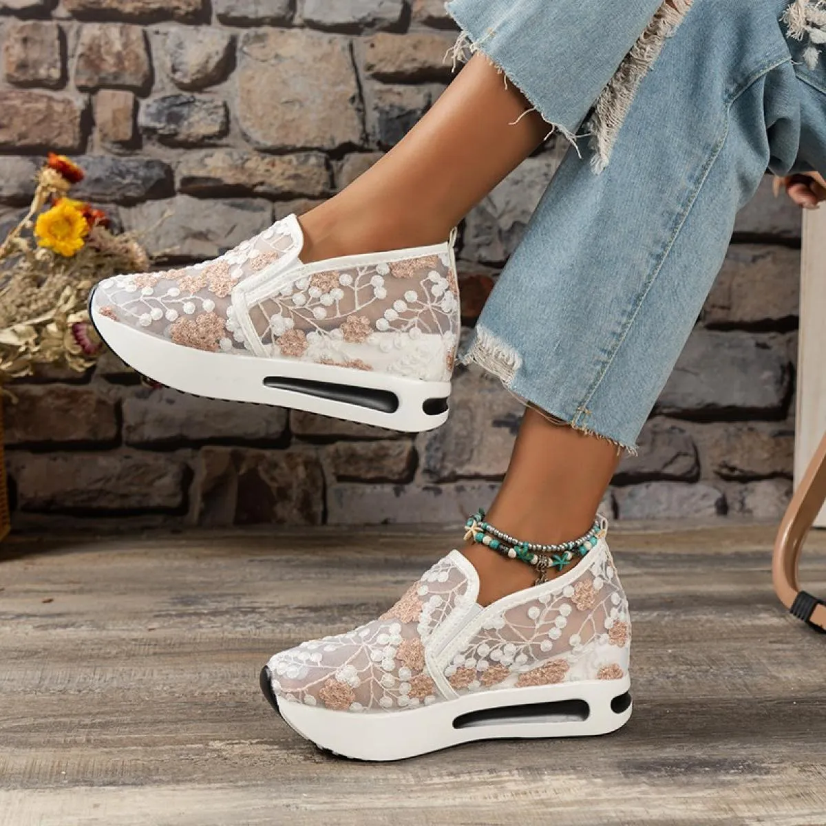 Gigifox Zeppe con plateau Sneakers da donna Sneakers in rete con ricamo floreale per donna Slip On scarpe casual comode con tacc