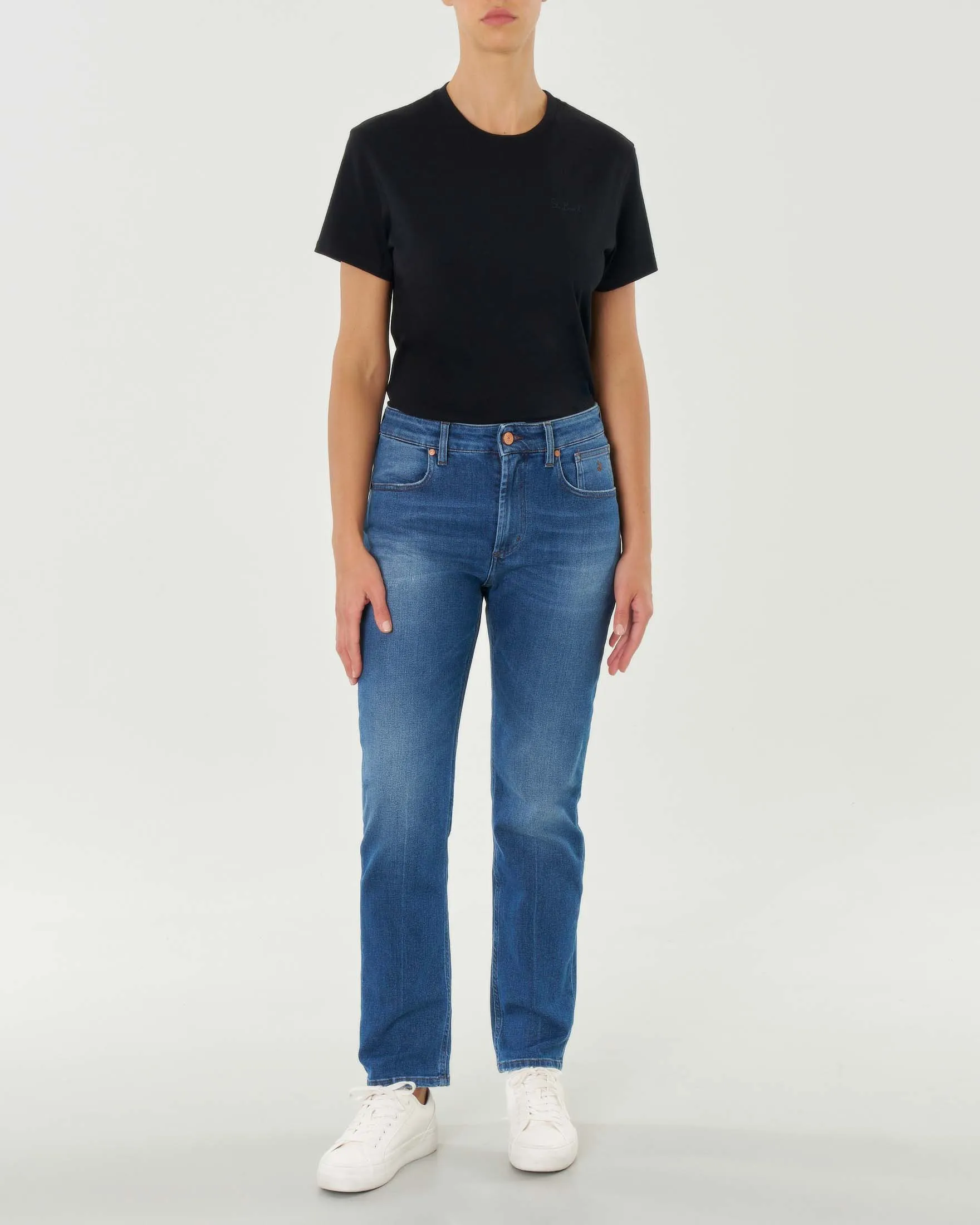 Jeans boyfriend in cotone stretch lavaggio scuro stone washed con baffature