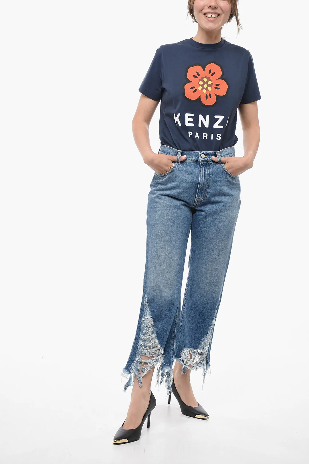 Jeans Cropped Fit con Fondo Distressed 24cm