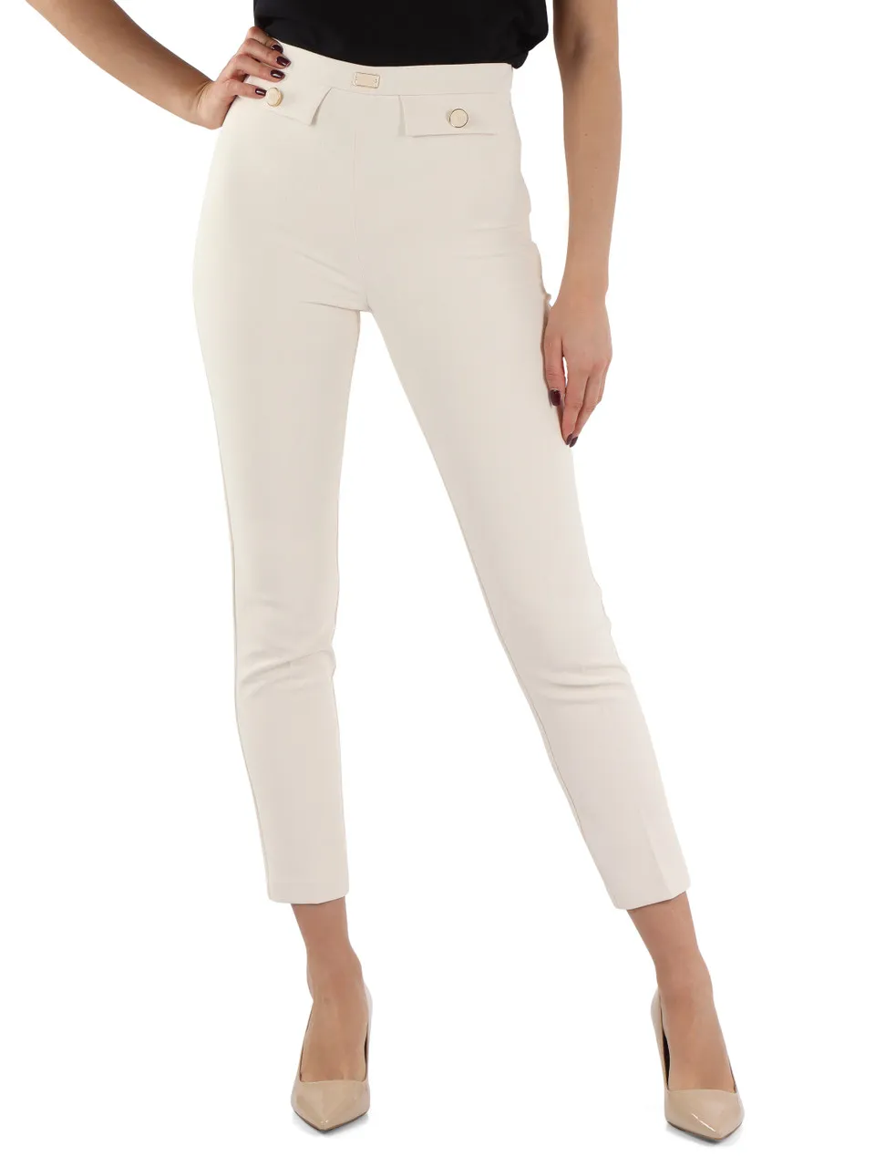 Pantalone in crepe stretch con placca logo