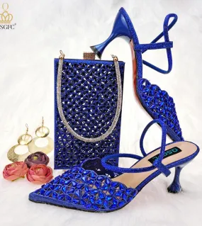 Qsgfc Ltalian Hollow Design Rblue Set di borse per scarpe decorative con strass abbinato a colori eleganti tacchi alti a punta