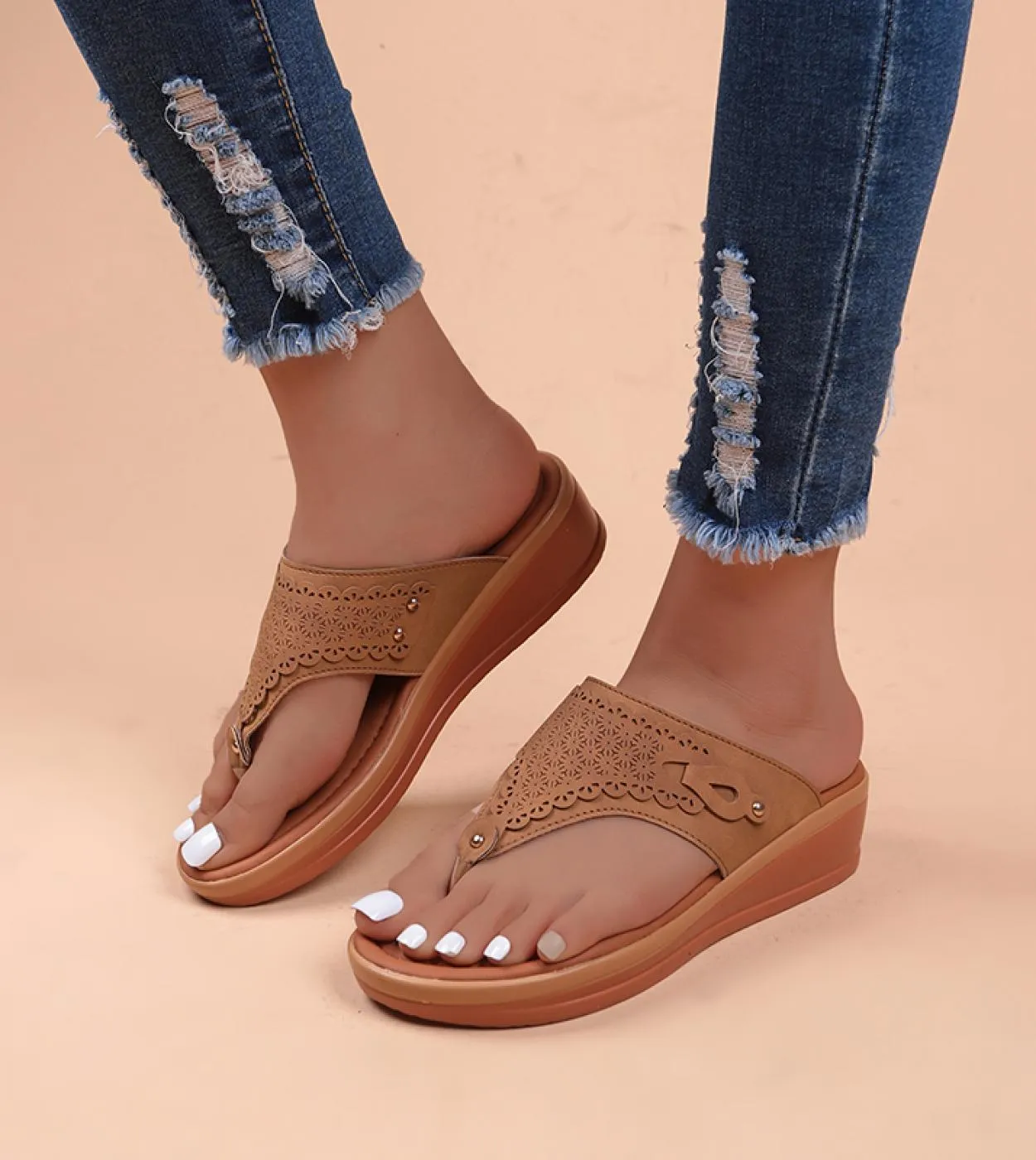 Sandali con plateau da donna Beach Casual Zeppe Infradito Premium ortopedico Open Toe Big Toe Anti Slip Outdoor Pu Leather S