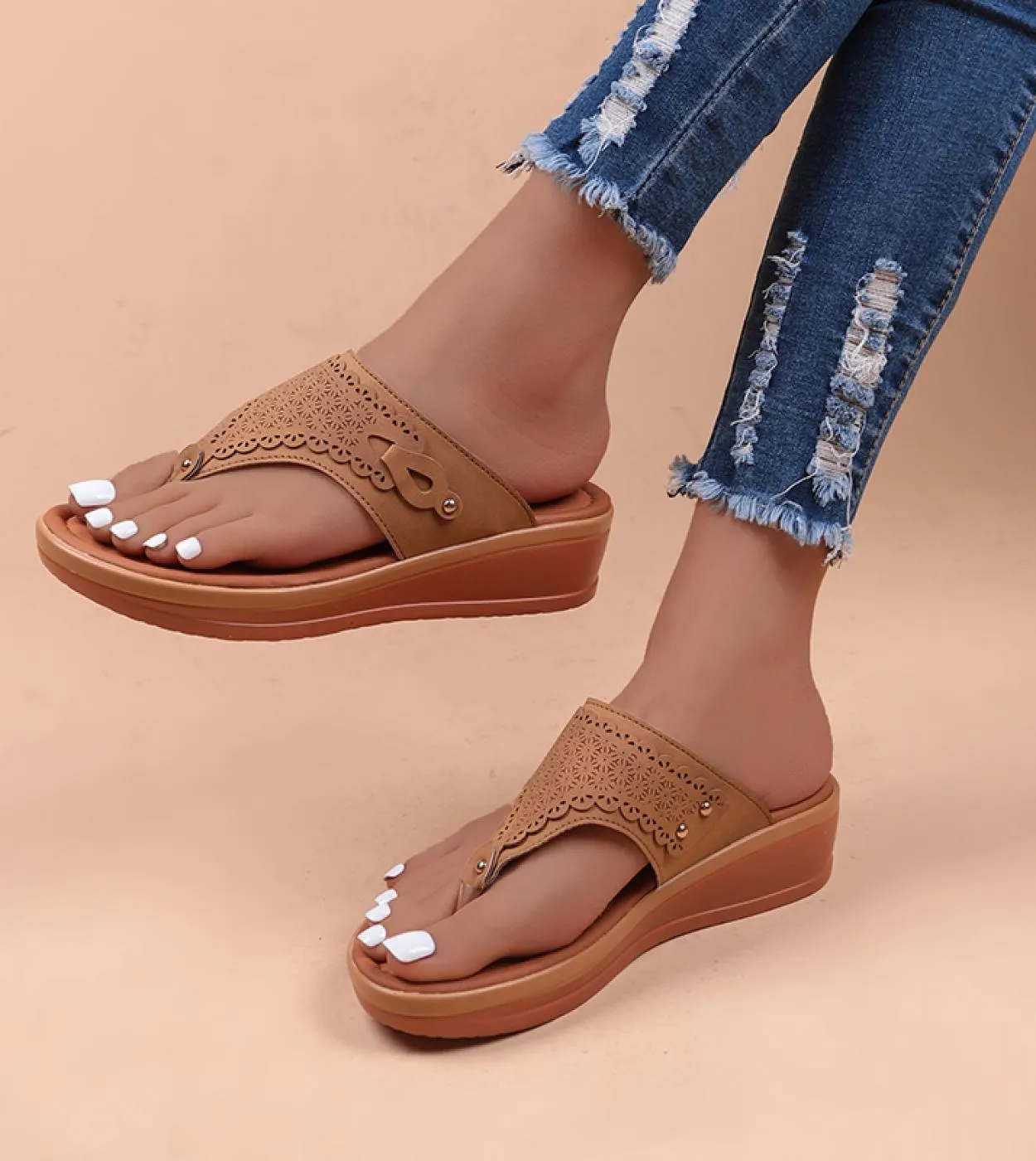 Sandali con plateau da donna Beach Casual Zeppe Infradito Premium ortopedico Open Toe Big Toe Anti Slip Outdoor Pu Leather S