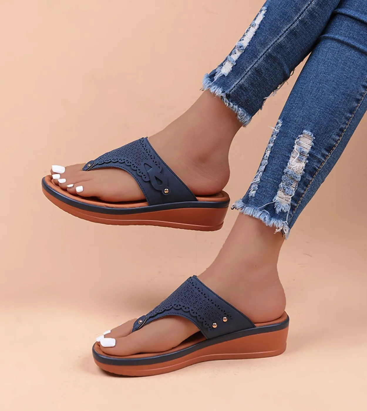 Sandali con plateau da donna Beach Casual Zeppe Infradito Premium ortopedico Open Toe Big Toe Anti Slip Outdoor Pu Leather S