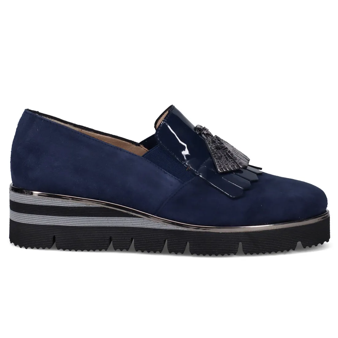 Scarpa slip on da donna Sangiorgio blu con frangia e nappine