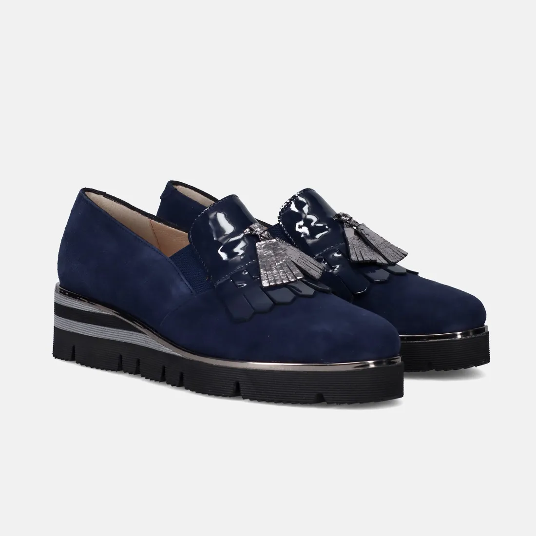 Scarpa slip on da donna Sangiorgio blu con frangia e nappine